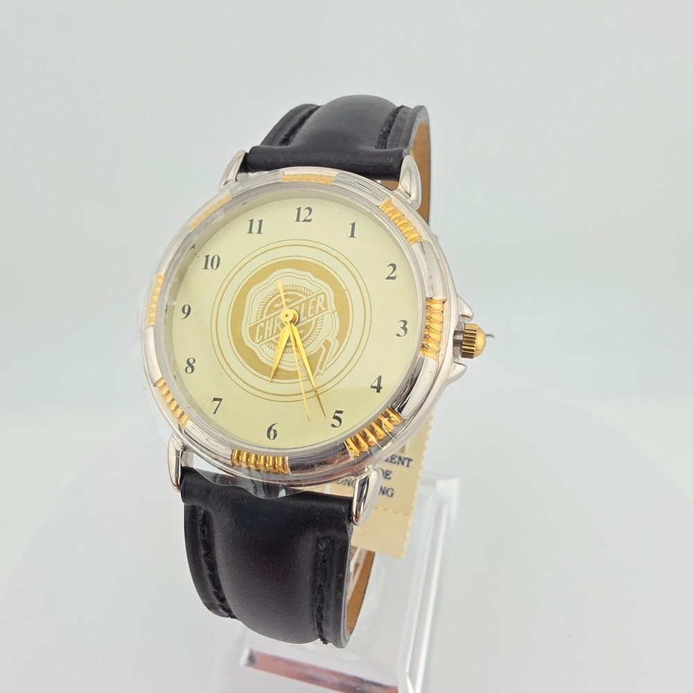 Vtg New 1990s FOSSIL MOPAR Chrysler Mens Watch Black Leather Silver Gold Tone 8"